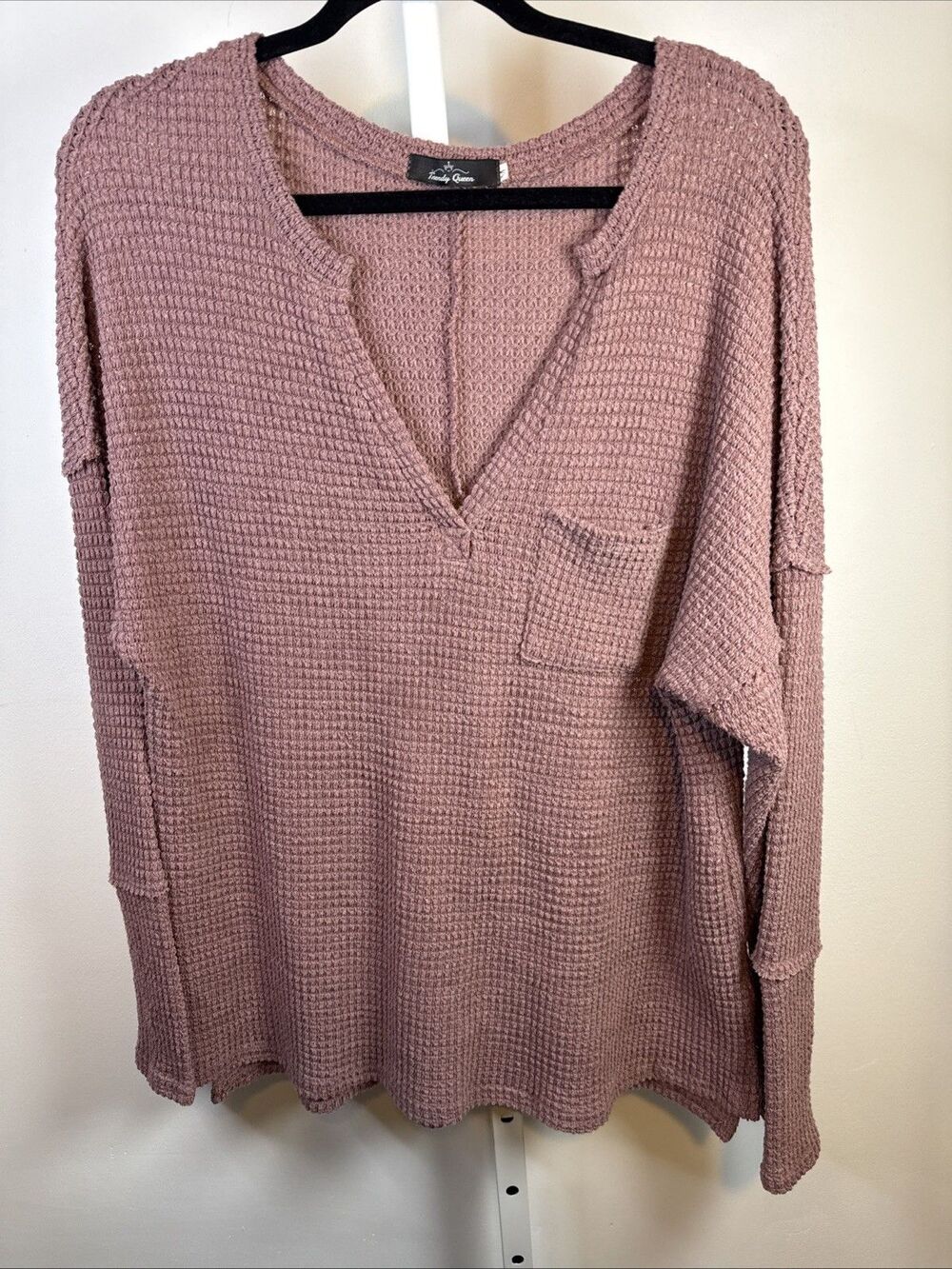 Women’s Mauve Pink Oversized V Neck Thermal Top Sz M Waffle Texture